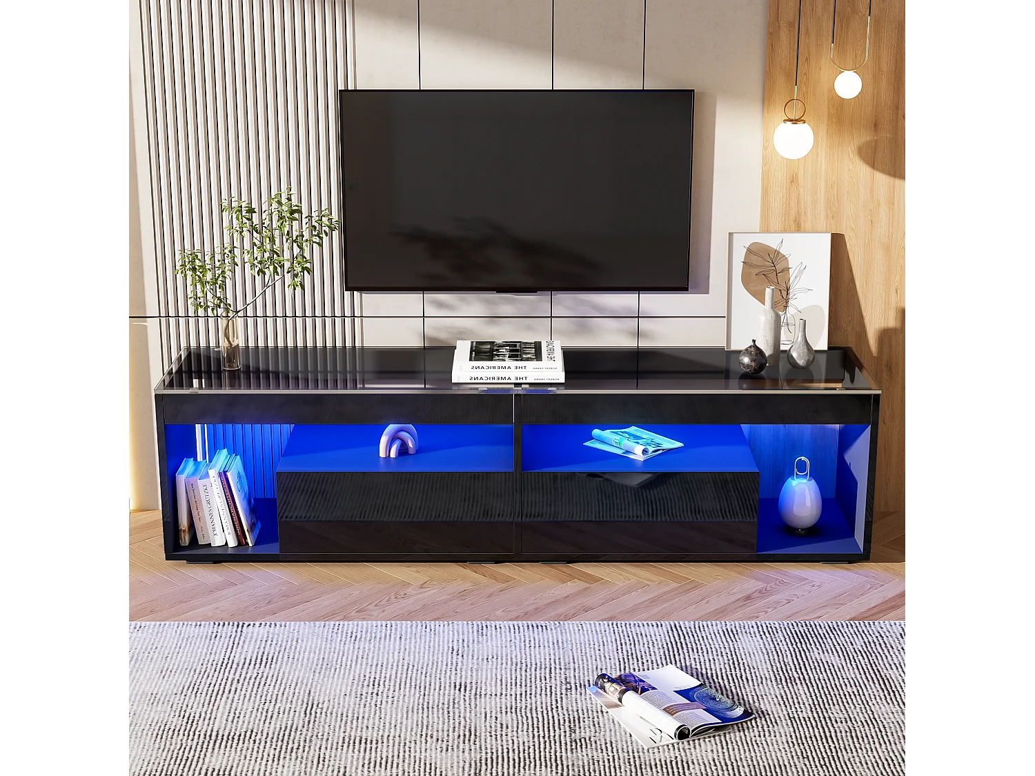 Glanzende tv-meubel - 180 x 40 x 46 cm - met 2 lades + led's - spaanplaat - naturel