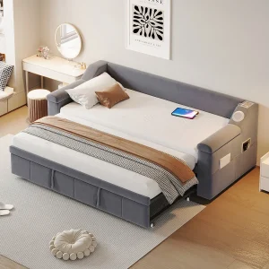 Gestoffeerde slaapbank – 90/180 x 190 cm – met armleuningen + Bluetooth + USB – met opbergruimte – fluwelen stof – grijs Gestoffeerde slaapbank – 90/180 x 190 cm – met armleuningen + Bluetooth + USB – met opbergruimte – fluwelen stof – grijs