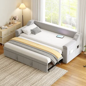 Gestoffeerde slaapbank – 90/180 x 190 cm – met armleuningen + Bluetooth + USB – met opbergruimte – fluwelen stof – lichtgrijs Gestoffeerde slaapbank – 90/180 x 190 cm – met armleuningen + Bluetooth + USB – met opbergruimte – fluwelen stof – lichtgrijs