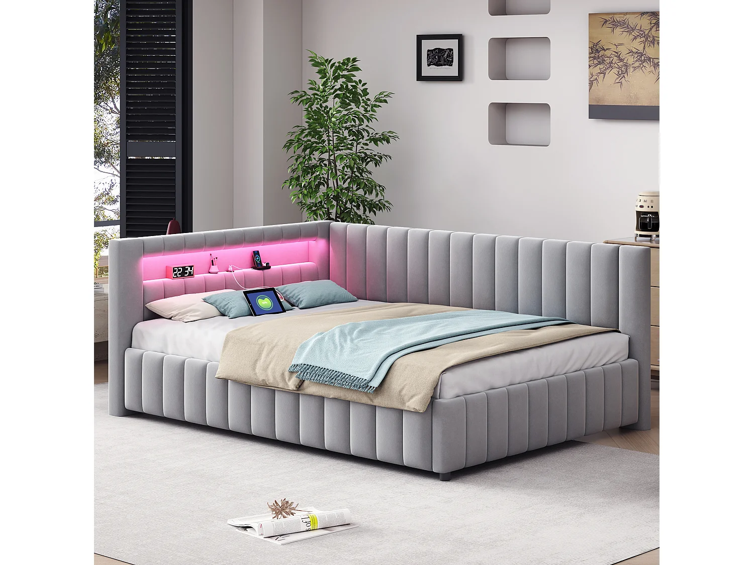 Gestoffeerde slaapbank - 140 x 200 cm - met LED's + USB + rugleuning + hoofdeinde - fluwelen stof - lichtgrijs