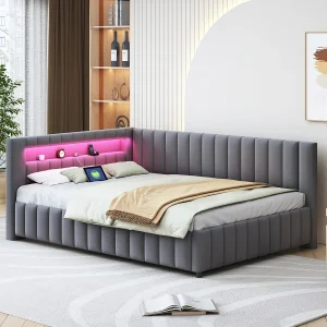 Gestoffeerde slaapbank – 140 x 200 cm – met LED's + USB + rugleuning + hoofdeinde – fluwelen stof – donkergrijs Gestoffeerde slaapbank – 140 x 200 cm – met LED's + USB + rugleuning + hoofdeinde – fluwelen stof – donkergrijs
