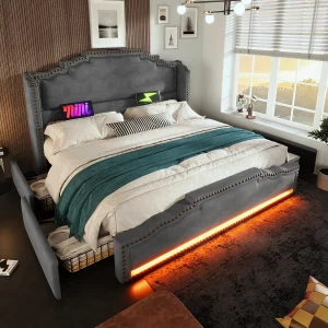 Gestoffeerd tweepersoonsbed met opbergruimte – 140 x 200 cm – met LED's + USB-C + 4 lades – fluweel – grijs Gestoffeerd tweepersoonsbed met opbergruimte – 140 x 200 cm – met LED's + USB-C + 4 lades – fluweel – grijs