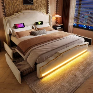 Gestoffeerd tweepersoonsbed met opbergruimte – 180 x 200 cm – met LED's + USB-C + 4 lades – fluweel – beige