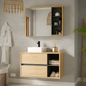 Hangend badkamermeubel vierkante wastafel en spiegelkast – Naturel – 100 cm – Koop nu online Hangend badkamermeubel vierkante wastafel en spiegelkast – Naturel – 100 cm – Koop nu online