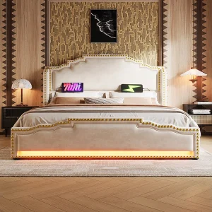 Gestoffeerd bed 160×200, met 4 laden, LED-verlichting en USB-C oplaadpoort, opbergbed, fluweel, beige, zonder matras. Gestoffeerd bed 160×200, met 4 laden, LED-verlichting en USB-C oplaadpoort, opbergbed, fluweel, beige, zonder matras.