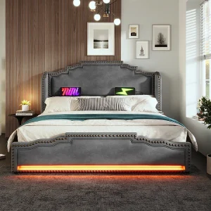 Gestoffeerd bed 160×200, tweepersoonsbed met 4 laden, LED-verlichting en USB-C oplaadpoort, fluweel, grijs, zonder matras. Gestoffeerd bed 160×200, tweepersoonsbed met 4 laden, LED-verlichting en USB-C oplaadpoort, fluweel, grijs, zonder matras.