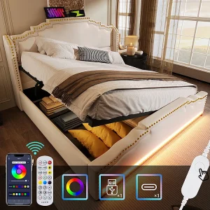 Gestoffeerd bed 140×200, tweepersoons met hydraulische opbergruimte, LED-verlichting en USB-C oplaadpoort, met lattenbodem, fluweel, beige. Gestoffeerd bed 140×200, tweepersoons met hydraulische opbergruimte, LED-verlichting en USB-C oplaadpoort, met lattenbodem, fluweel, beige.