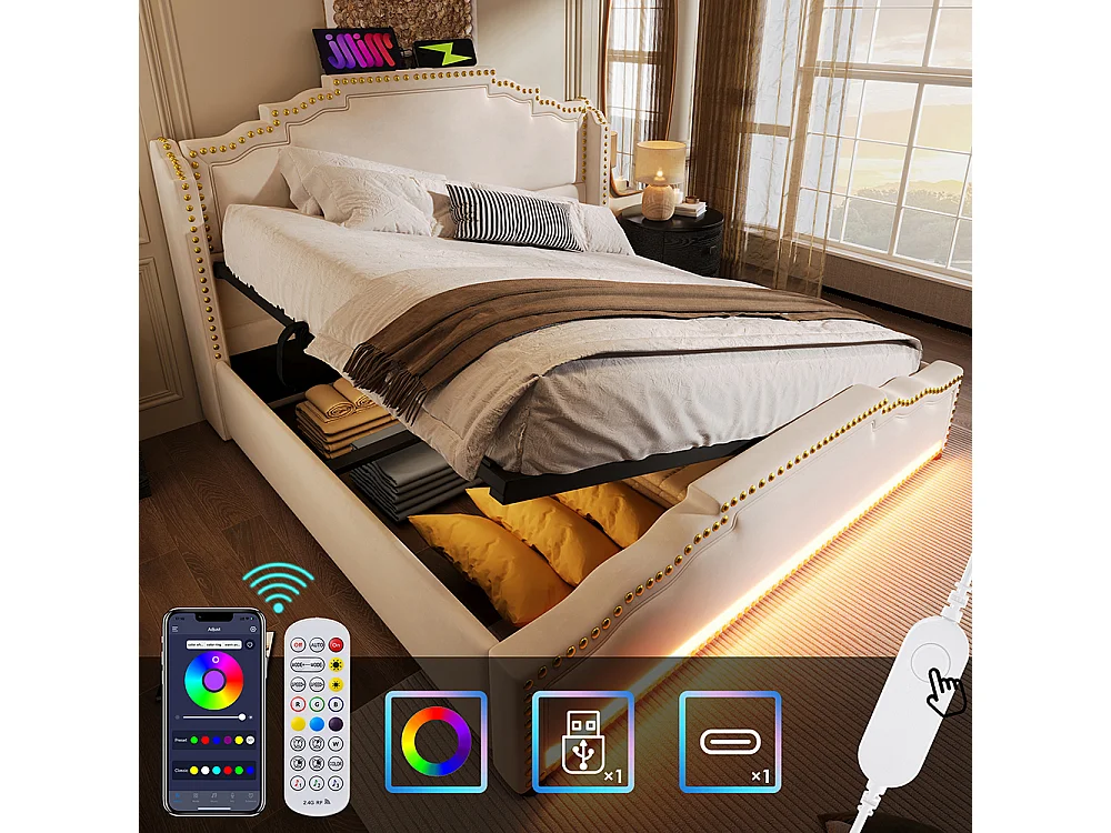 Gestoffeerd bed 140x200, tweepersoons met hydraulische opbergruimte, LED-verlichting en USB-C oplaadpoort, met lattenbodem, fluweel, beige.
