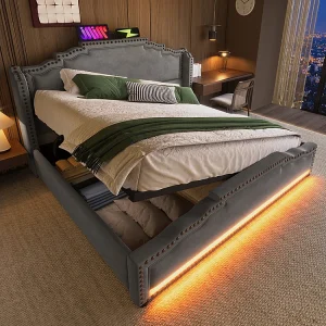 Gestoffeerd bed 140×200, tweepersoons met LED-verlichting en USB-C oplaadpoort, met lattenbodem, fluweel, grijs, matras niet inbegrepen. Gestoffeerd bed 140×200, tweepersoons met LED-verlichting en USB-C oplaadpoort, met lattenbodem, fluweel, grijs, matras niet inbegrepen.