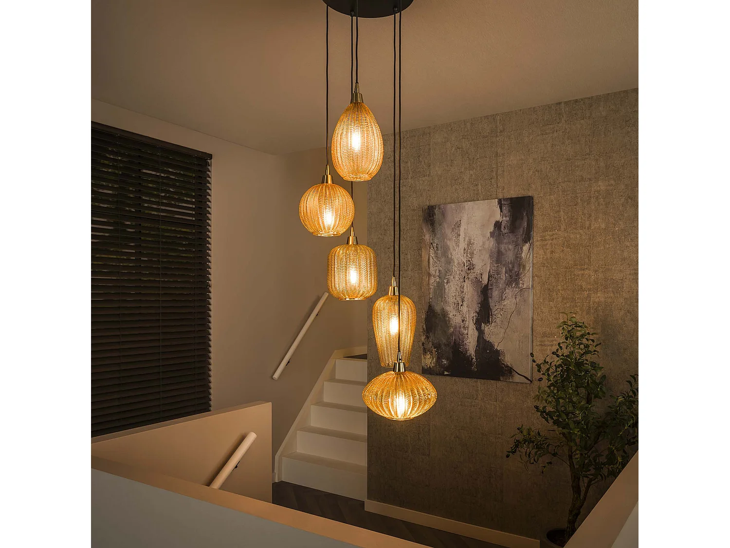 Hanglamp 5L V-shape Pattern Getrapt - Amberkleurig Glas