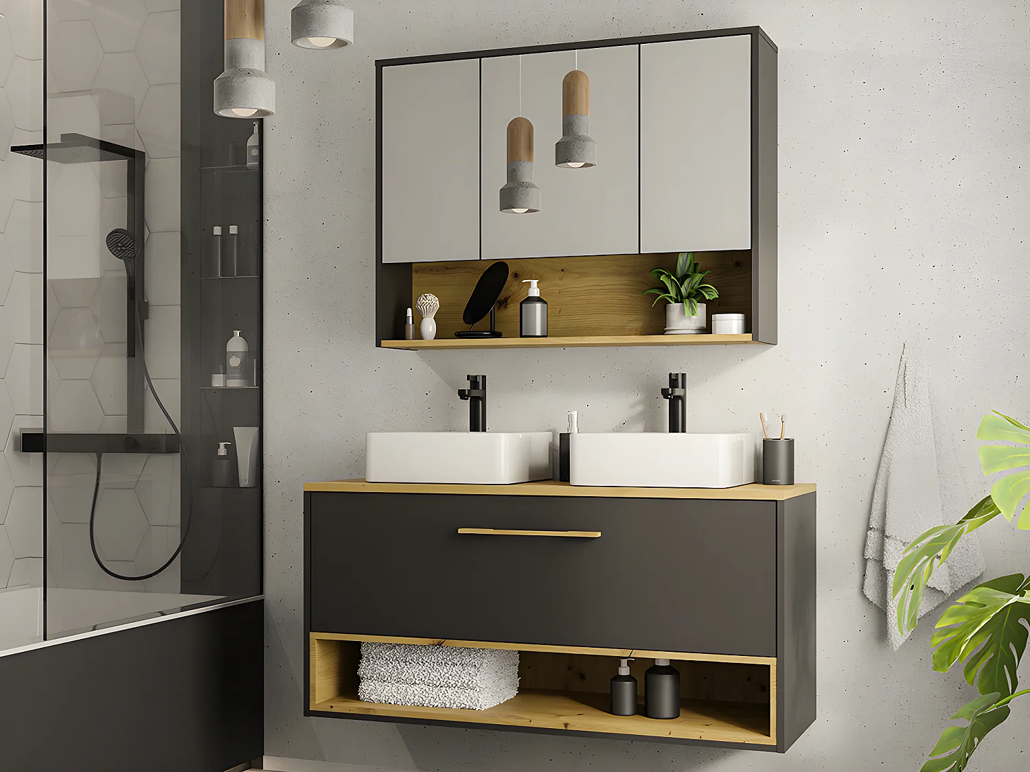Badkamermeubel met dubbele wastafel en spiegelkast - Antraciet - 120 cm - Koop nu online