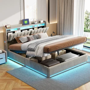 Gestoffeerd bed 160 x 200 cm met USB-oplader, tweepersoons bed, bed met opbergruimte en led-verlichting, hoofdbord met opbergruimte en hydraulische lattenbodem. Gestoffeerd bed 160 x 200 cm met USB-oplader, tweepersoons bed, bed met opbergruimte en led-verlichting, hoofdbord met opbergruimte en hydraulische lattenbodem.