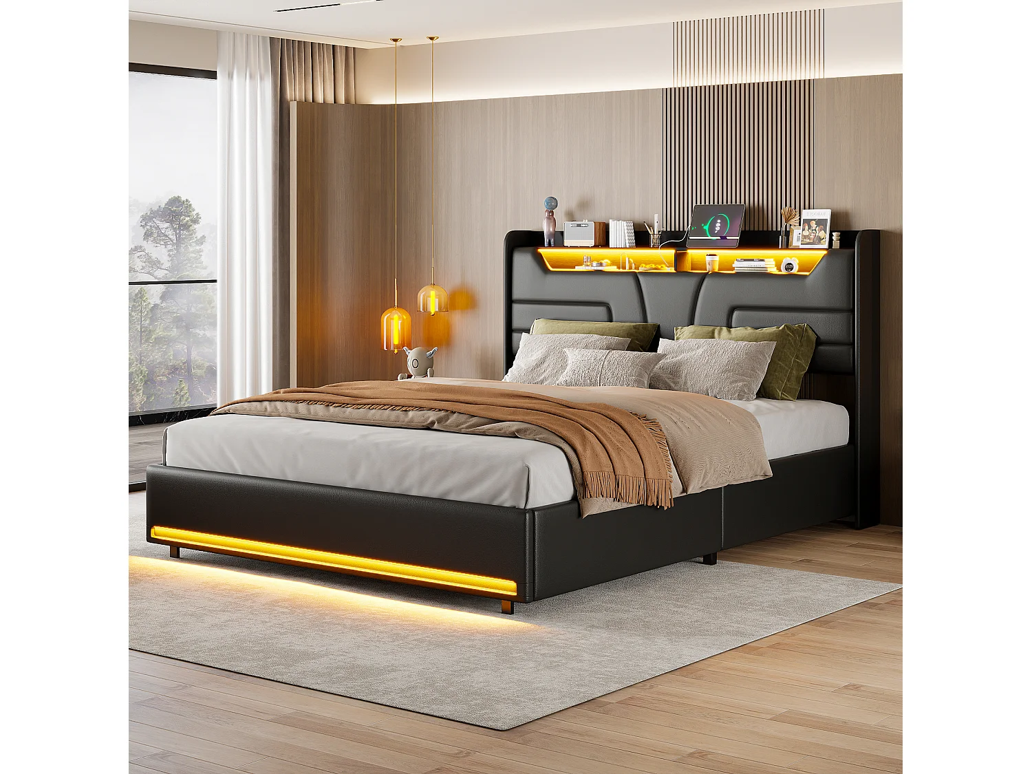 Gestoffeerd bed 160 x 200 cm met USB-aansluiting en stopcontacten, bedmet lattenbodem en opbergruimte, bed met opbergruimte en led-verlichting, kunstleer, zwart