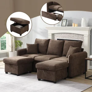 Gestoffeerde hoekbank – 188 x 82 x 86 cm – 3-zits – 2 voetenbanken met opbergruimte + 2 lades – fluweel – bruin