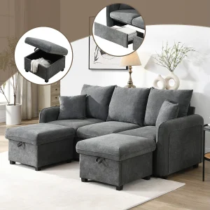 Gestoffeerde hoekbank – 188 x 82 x 86 cm – 3-zits – 2 voetenbanken met opbergruimte + 2 lades – fluweel – beige