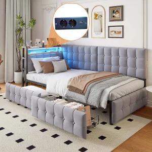 Gestoffeerde kinderbank Bed – 90 x 200 cm – met 2 lades + LED's + USB + Type – Fluweel + metaal + multiplex + MDF – lichtgrijs