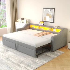 Gestoffeerde uitschuifbare slaapbank – 90/180 x 200 cm – met opbergruimte + ledverlichting + USB-aansluiting – Linnen + metaal + multiplex + MDF – lichtgrijs Gestoffeerde uitschuifbare slaapbank – 90/180 x 200 cm – met opbergruimte + ledverlichting + USB-aansluiting – Linnen + metaal + multiplex + MDF – lichtgrijs