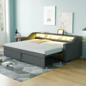 Gestoffeerde uitschuifbare bank Bed – 90/180 x 200 cm – met opbergruimte + ledverlichting + USB-aansluiting – Linnen + metaal + multiplex + MDF – grijs Gestoffeerde uitschuifbare bank Bed – 90/180 x 200 cm – met opbergruimte + ledverlichting + USB-aansluiting – Linnen + metaal + multiplex + MDF – grijs