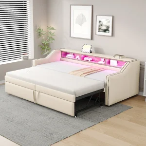 Gestoffeerde uitschuifbare slaapbank – 90/180 x 200 cm – met opbergruimte + LED-lampjes + USB-poort – Linnen + metaal + multiplex + MDF – beige Gestoffeerde uitschuifbare slaapbank – 90/180 x 200 cm – met opbergruimte + LED-lampjes + USB-poort – Linnen + metaal + multiplex + MDF – beige