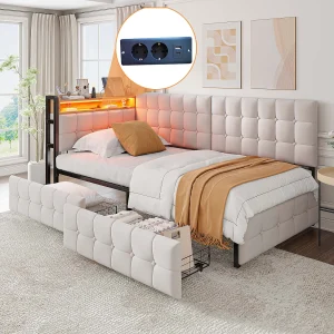Gestoffeerde kinderslaapbank – 90 x 200 cm – met 2 lades + ledverlichting + USB + Type-C – fluweel + metaal + multiplex + MDF – beige