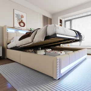 Gestoffeerd tweepersoonsbed met opbergruimte – 180 x 200 cm – met ledverlichting + USB + Hoofdbord met opbergruimte – Linnen + Metaal + Multiplex + MDF – Beige
