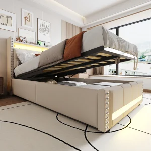 Gestoffeerd bed met opbergruimte voor kinderen – 90 x 200 cm – met LED's + USB + hoofdeinde met opbergruimte – linnen + metaal + multiplex + MDF – beige Gestoffeerd bed met opbergruimte voor kinderen – 90 x 200 cm – met LED's + USB + hoofdeinde met opbergruimte – linnen + metaal + multiplex + MDF – beige