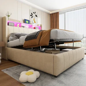 Gestoffeerd tweepersoonsbed met opbergruimte – 140 x 200 cm – met ledverlichting + USB-aansluiting – Hoofdbord met opbergruimte – Linnen stof – Beige Gestoffeerd tweepersoonsbed met opbergruimte – 140 x 200 cm – met ledverlichting + USB-aansluiting – Hoofdbord met opbergruimte – Linnen stof – Beige