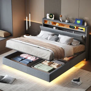 Gestoffeerd tweepersoonsbed met opbergruimte – 140 x 200 cm – Hydraulische opbergruimte – met USB-poort + LED-lampjes + Omkeerbaar hoofdbord – linnen – grijs Gestoffeerd tweepersoonsbed met opbergruimte – 140 x 200 cm – Hydraulische opbergruimte – met USB-poort + LED-lampjes + Omkeerbaar hoofdbord – linnen – grijs