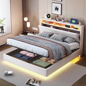 Gestoffeerd tweepersoonsbed met opbergruimte – 140 x 200 cm – Hydraulische opbergruimte – met USB-poort + LED-lampjes + Hoofdbord – Omkeerbaar bed – linnen – beige Gestoffeerd tweepersoonsbed met opbergruimte – 140 x 200 cm – Hydraulische opbergruimte – met USB-poort + LED-lampjes + Hoofdbord – Omkeerbaar bed – linnen – beige
