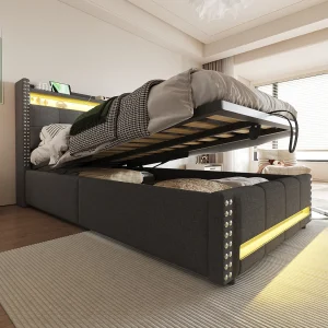 Gestoffeerd bed met opbergruimte voor kinderen – 90 x 200 cm – met LED's + USB + hoofdeinde met opbergruimte – linnen + metaal + multiplex + MDF – Grijs Gestoffeerd bed met opbergruimte voor kinderen – 90 x 200 cm – met LED's + USB + hoofdeinde met opbergruimte – linnen + metaal + multiplex + MDF – Grijs