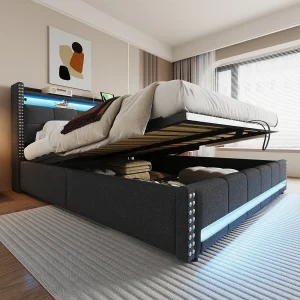 Gestoffeerd tweepersoonsbed met opbergruimte – 180 x 200 cm – met ledverlichting + USB + Hoofdbord met opbergruimte – Linnen + Metaal + Multiplex + MDF – Grijs Gestoffeerd tweepersoonsbed met opbergruimte – 180 x 200 cm – met ledverlichting + USB + Hoofdbord met opbergruimte – Linnen + Metaal + Multiplex + MDF – Grijs