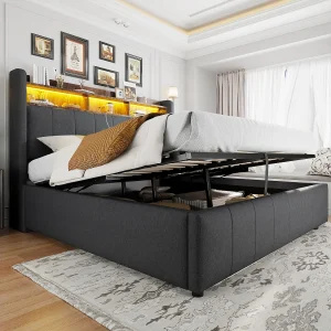 Gestoffeerd tweepersoonsbed met opbergruimte – 160 x 200 cm – met ledverlichting + USB-aansluiting – Hoofdbord met opbergruimte – Linnen stof – Grijs Gestoffeerd tweepersoonsbed met opbergruimte – 160 x 200 cm – met ledverlichting + USB-aansluiting – Hoofdbord met opbergruimte – Linnen stof – Grijs