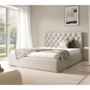 Gestoffeerd bed 140×200 cm – met opbergruimte – in lichtbeige fluweel – AUREVIA