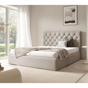Gestoffeerd bed 140×200 cm – met opbergruimte – in beige fluweel – AUREVIA