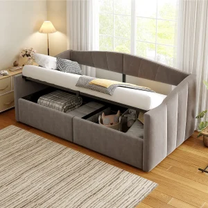 Gestoffeerde slaapbank – 90 x 200 cm – met hydraulische opbergruimte + armleuningen – fluweel + metaal + multiplex + MDF – grijs Gestoffeerde slaapbank – 90 x 200 cm – met hydraulische opbergruimte + armleuningen – fluweel + metaal + multiplex + MDF – grijs