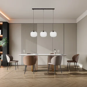 Metalen en glazen hanglamp met 3 lampenkappen, L. 99 x H. 128 cm, Zwart en wit, GLENORA Metalen en glazen hanglamp met 3 lampenkappen, L. 99 x H. 128 cm, Zwart en wit, GLENORA