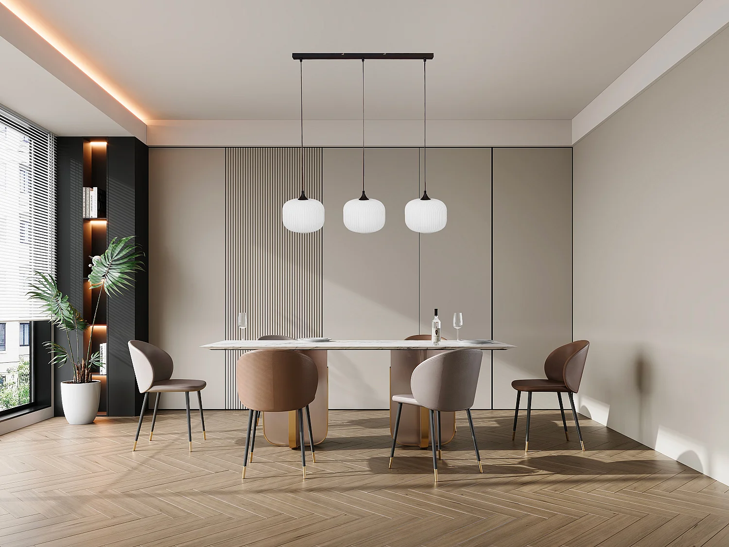 Metalen en glazen hanglamp met 3 lampenkappen, L. 99 x H. 128 cm, Zwart en wit, GLENORA