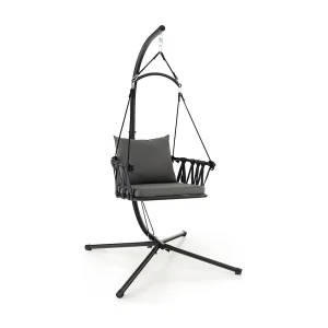Hangstoel met frame, opvouwbare hangstoel met gezellig zit- en rugkussen, hangschommel met geweven rugleuning, voor binnen en buitenZB33524