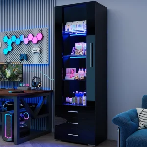 Glanzende vitrine – met LED – 3 lades en planken – 60x35x180 cm – MDF – Zwart Glanzende vitrine – met LED – 3 lades en planken – 60x35x180 cm – MDF – Zwart