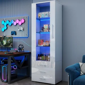 Glanzende vitrine – met LED – 3 lades en planken – 60x35x180 cm – MDF – Wit Glanzende vitrine – met LED – 3 lades en planken – 60x35x180 cm – MDF – Wit