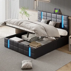 Gestoffeerd tweepersoonsbed 160 x 200 cm, met LED, bedframe met frame en lattenbodem, PU, Zwart Gestoffeerd tweepersoonsbed 160 x 200 cm, met LED, bedframe met frame en lattenbodem, PU, Zwart