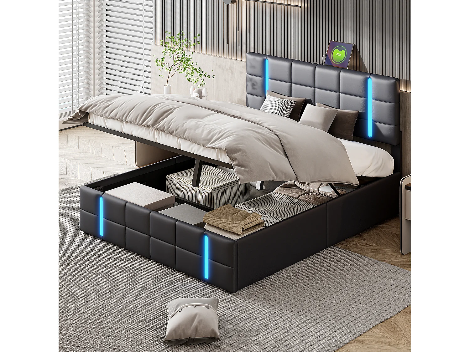 Gestoffeerd tweepersoonsbed 160 x 200 cm, met LED, bedframe met frame en lattenbodem, PU, Zwart