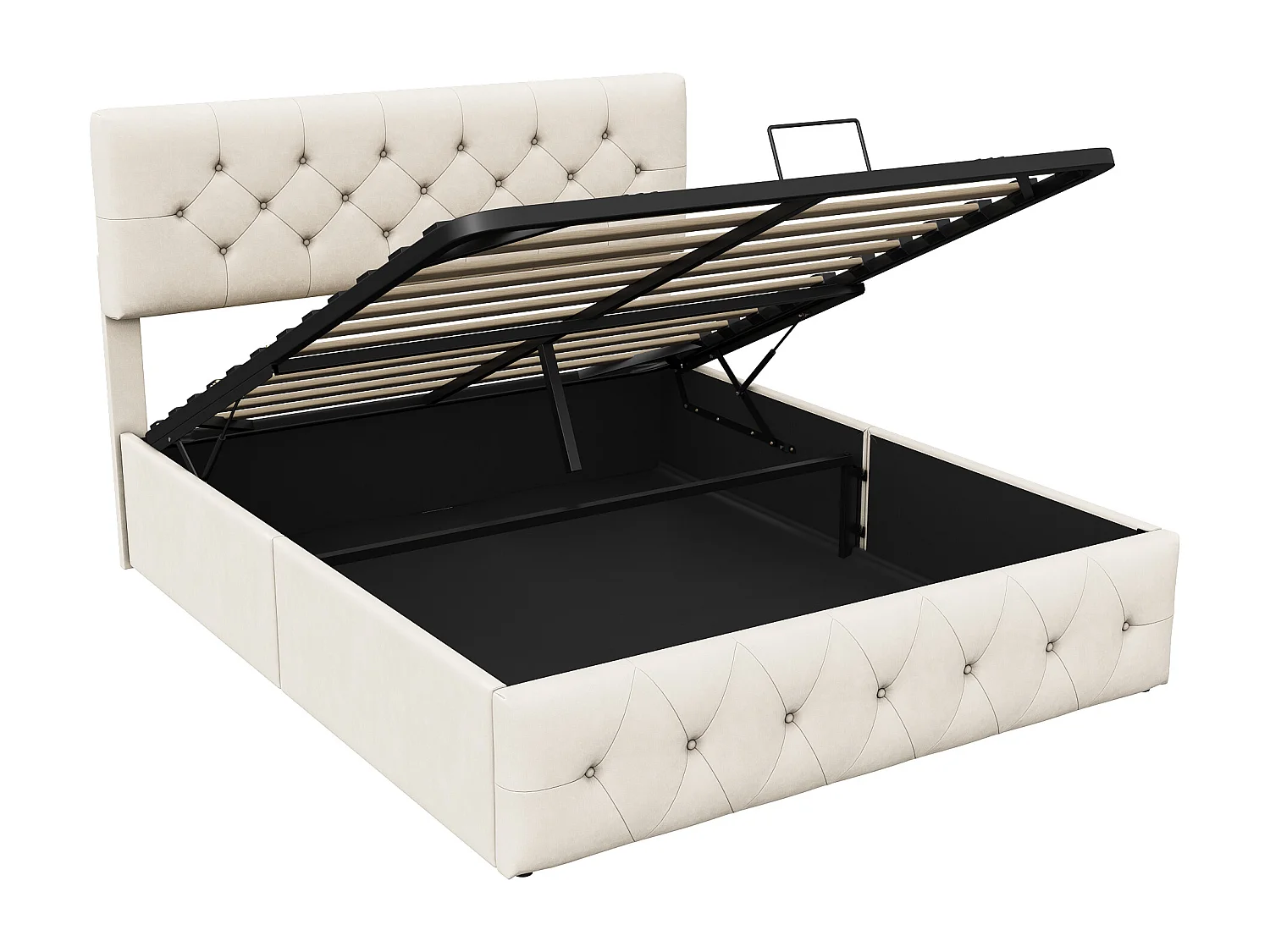 Gestoffeerd bed 140 x 200 cm, Tweepersoonsbed met opbergruimte onder het bed, metalen lattenbodem, Beige