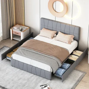Gestoffeerd bed 160×200 cm met grote opbergruimte, tweepersoonsbed met rugleuning en lattenbodem, fluweel, grijs