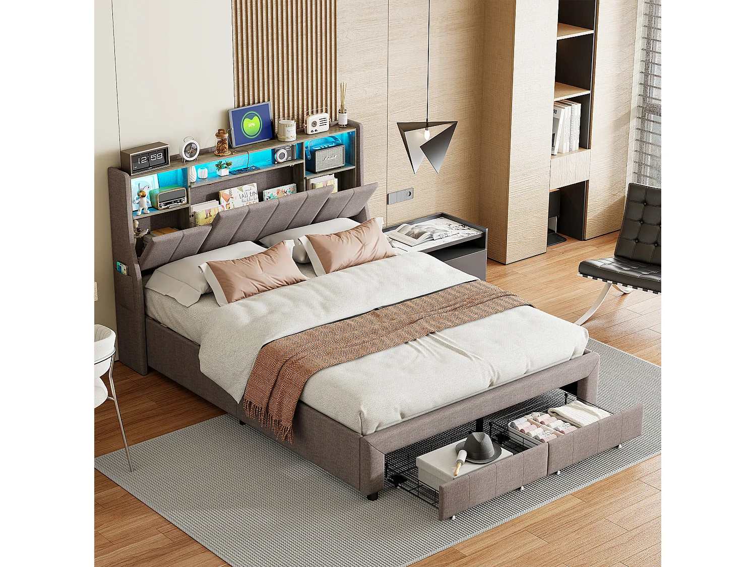 Gestoffeerd tweepersoonsbed 140x200 cm met LED-verlichting en USB-aansluiting, gestoffeerd bed met 2 opberglades, grijs