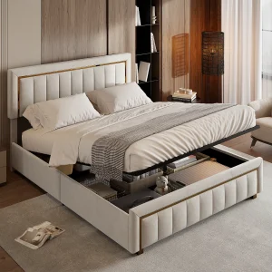 Gestoffeerd bed 140 x 200 cm, tweepersoonsbed met hoofdeinde en lattenbodem, fluweel, beige Gestoffeerd bed 140 x 200 cm, tweepersoonsbed met hoofdeinde en lattenbodem, fluweel, beige
