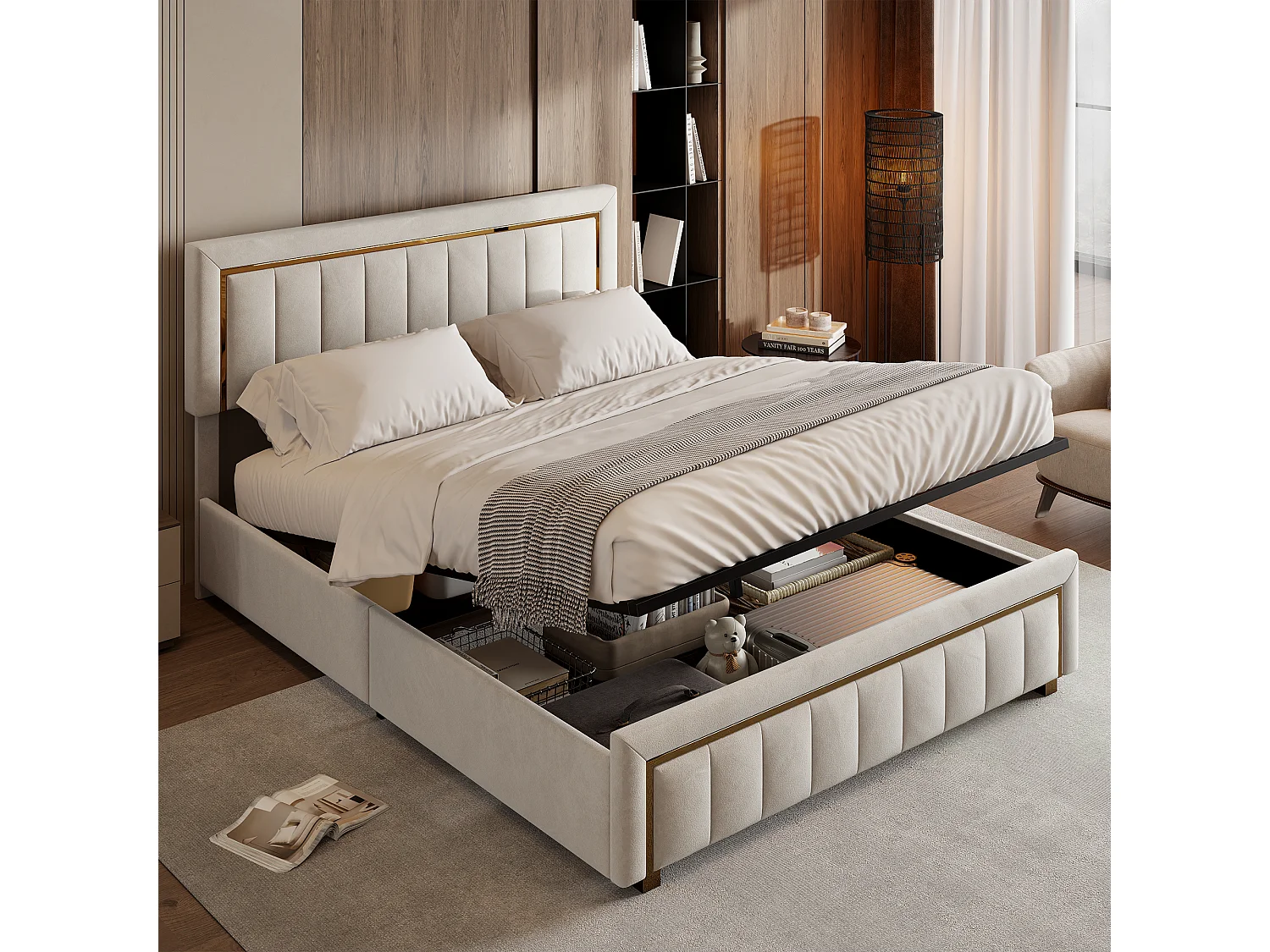 Gestoffeerd bed 140 x 200 cm, tweepersoonsbed met hoofdeinde en lattenbodem, fluweel, beige