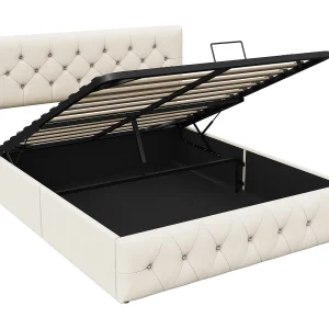 Gestoffeerd bed 160 x 200 cm, Tweepersoonsbed met opbergruimte onder het bed, metalen lattenbodem, Beige Gestoffeerd bed 160 x 200 cm, Tweepersoonsbed met opbergruimte onder het bed, metalen lattenbodem, Beige