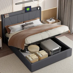 Gestoffeerd tweepersoonsbed 140 x 200 cm, met opbergruimte, bedframe met USB/Type C, Grijs Gestoffeerd tweepersoonsbed 140 x 200 cm, met opbergruimte, bedframe met USB/Type C, Grijs
