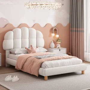 Gestoffeerd eenpersoonsbed met houten lattenbodem, 90x200cm kinderbed met hoofdbord, wit Gestoffeerd eenpersoonsbed met houten lattenbodem, 90x200cm kinderbed met hoofdbord, wit